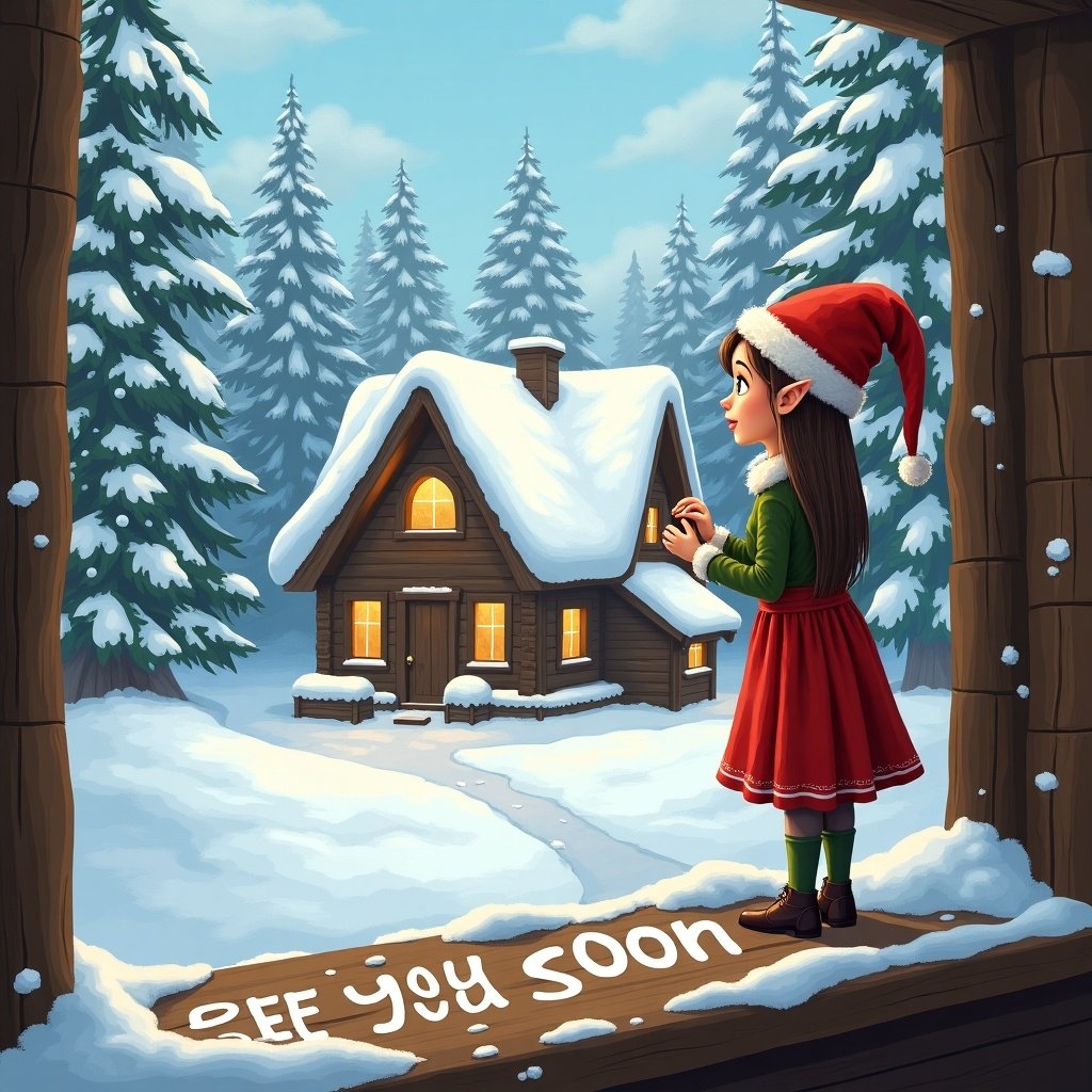 The image features a female elf standing outside a cozy cabin in a snowy landscape. She wears a vibrant red skirt and a festive hat while writing 'see you soon Rookstools' in the fresh snow. The cabin in the background is warm and inviting, with lights glowing in the windows. Snow-covered trees surround the scene, enhancing the winter wonderland feel. The overall mood is cheerful and magical, perfect for the holiday season.