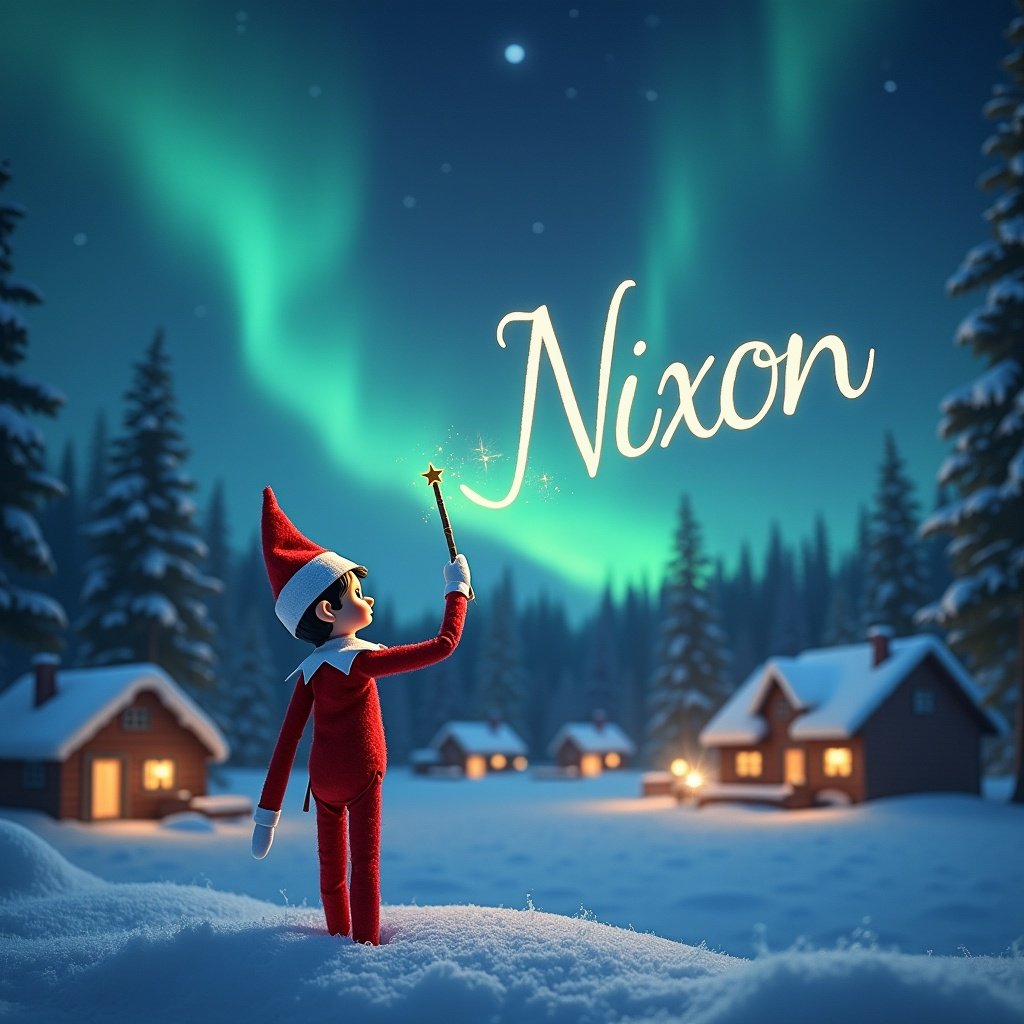 Elf on the Shelf character gazing up at the night sky holding a magic wand writing name in air. Magical winter scene illuminated by northern lights. Cozy houses in snowy landscape. Enchanting Christmas atmosphere.