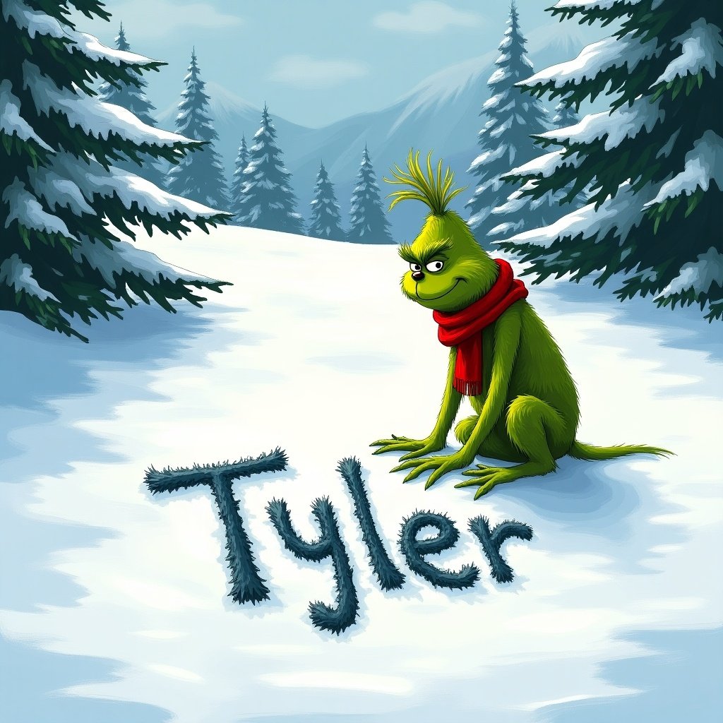 The Grinch is green with a red scarf writing Tyler in snow. Scene includes snow-covered hills and evergreen trees.