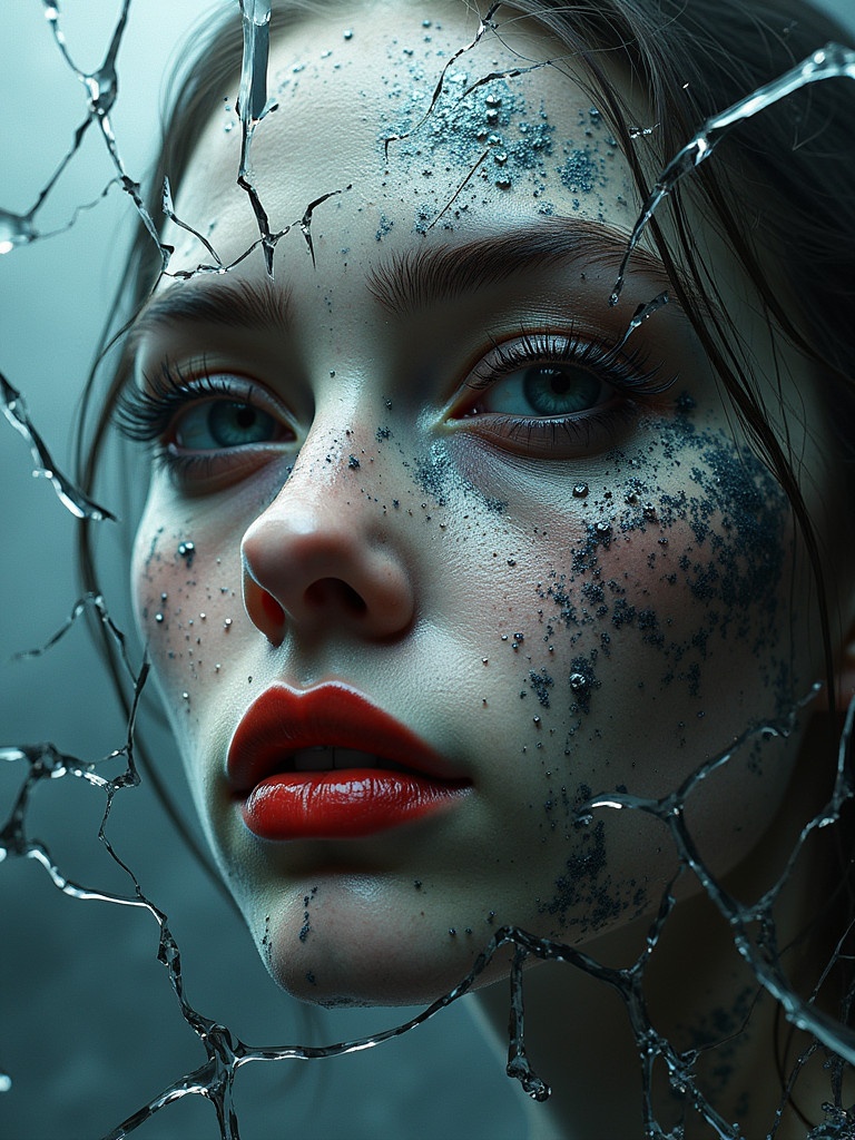 Shattered mirrors in a dramatic composition. Edgy and artistic representation of broken lives. The word 'SCATTERED' in bold letters overlays the image. The piece captures a sense of emotional turmoil and reflection.