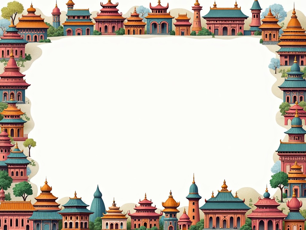 The image features a decorative border showcasing various architectural and cultural motifs, suggesting a rich cultural theme. The border is filled with colorful, stylized representations of buildings and objects, possibly from different cultures or regions. The center of the image is left blank, allowing for text or additional content to be added. Each building in the border is distinct in design, contributing to an overall vibrant and engaging aesthetic. This artwork can be used for various purposes, including invitations, educational materials, or cultural events.