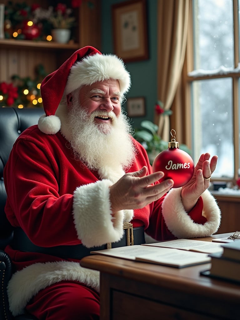 Image of Santa Claus sitting at a desk. Room has Christmas decorations. Santa holds a red bauble with the name 'James'. Snow is falling outside the window. Warm lighting creates a festive atmosphere.