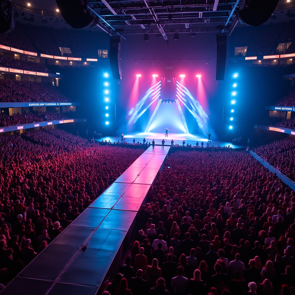 Aerial view of a Roddy Rich concert at Madison Square Garden. The image features a stage with colorful lights and a T-stage runway, packed audience. Drone perspective captures the vibrant atmosphere.