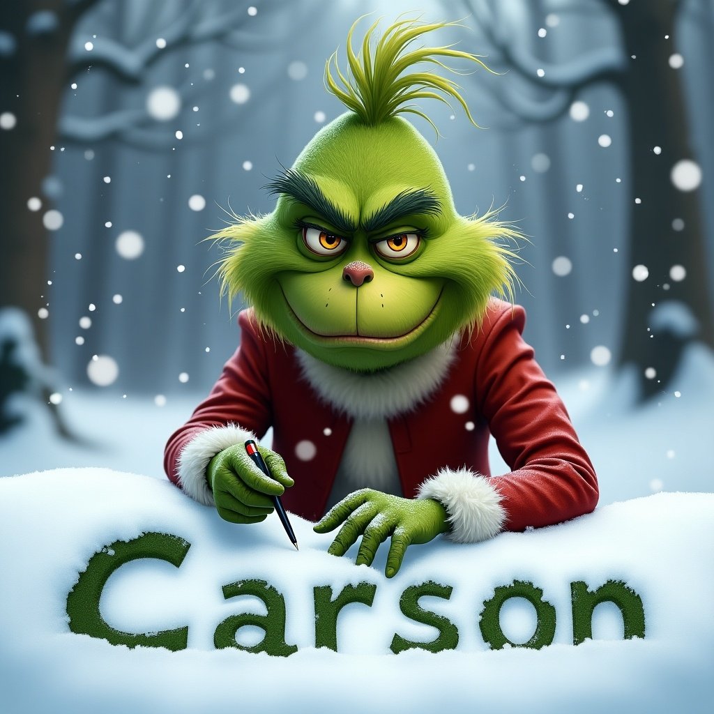 A character reminiscent of the Grinch writes in the snow. Winter setting with falling snow.