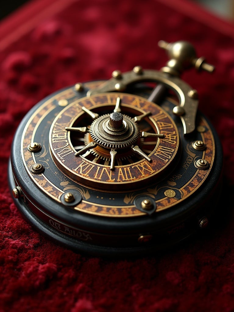 Hyper realistic mechanical puzzle crafted with oxidized finish. Adorned with mystical symbols and complex gear mechanism. Features levers and ornate cocobolo wood dial. Round matte black body resting on red velvet. Illuminated by warm golden glow against a rich velvety backdrop. Captured from a top view angle.