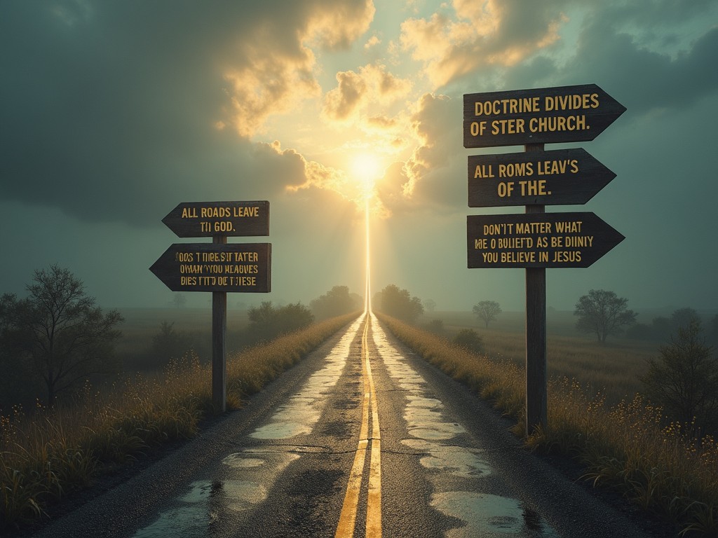 This image depicts a long, straight road leading into the horizon, illuminated by bright rays of sunlight. On either side of the road are signposts with various messages about faith and doctrine. The sky is dramatically lit, creating an inspirational atmosphere. The landscape is serene, with fields on either side of the road. This visual evokes feelings of hope and contemplation about spiritual decisions.