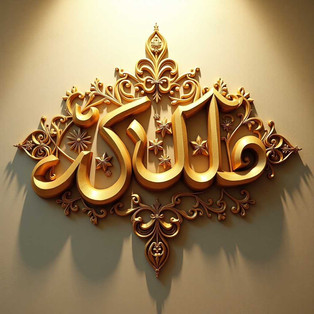 This image showcases ornate Arabic calligraphy featuring the word 'حياة', which translates to 'life' in English. The calligraphy is intricately designed, exhibiting a three-dimensional quality in warm golden tones. It is set against a textured background that enhances its decorative appeal. The letters are elegantly adorned with floral and star patterns, adding to the overall beauty. Soft lighting illuminates the piece, creating a tranquil and uplifting atmosphere. This artwork exemplifies the rich artistic heritage of Arabic script and serves well in various cultural contexts.