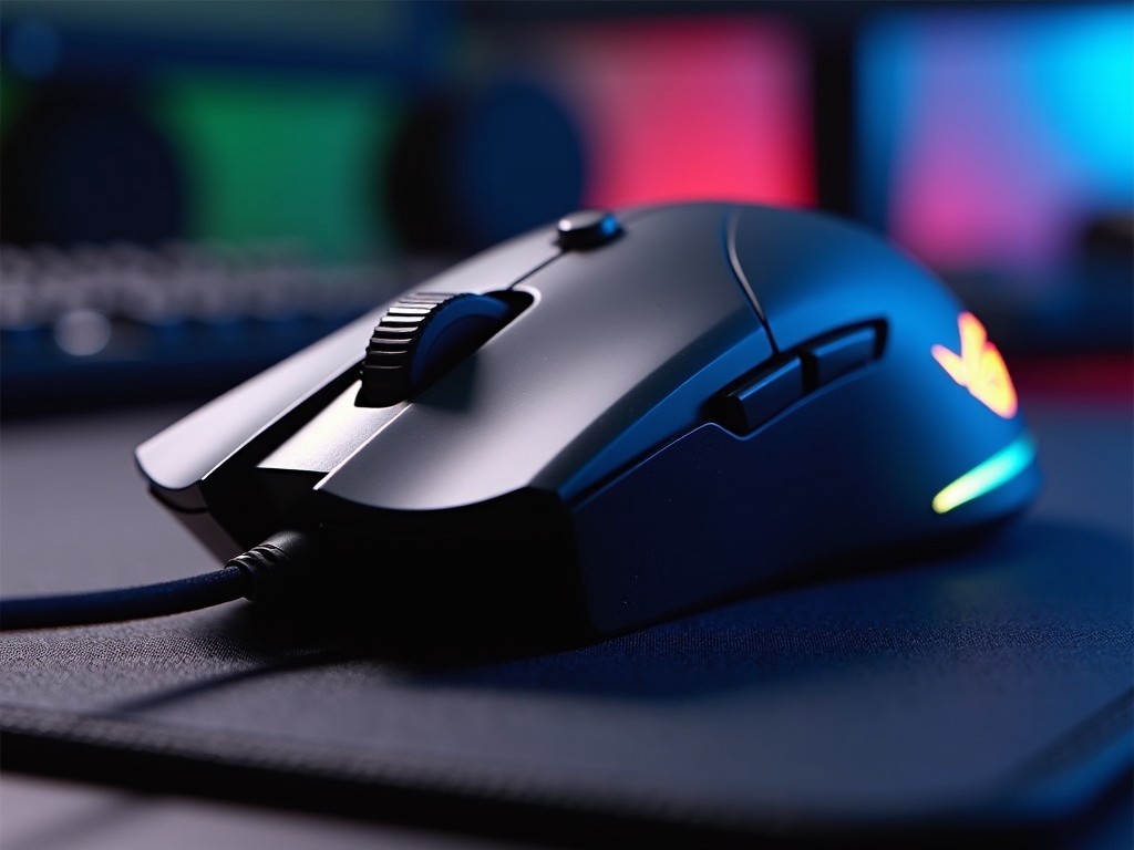 A close-up photograph of a sleek gaming mouse with RGB lighting on a desk mat. The background is blurred, with hints of colorful lighting typical of a gaming setup.