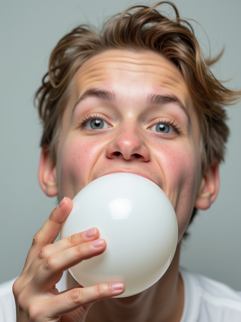 A person bites into a white balloon. The person's expression is playful and mischievous. The focus is on the interaction between the person and the balloon.