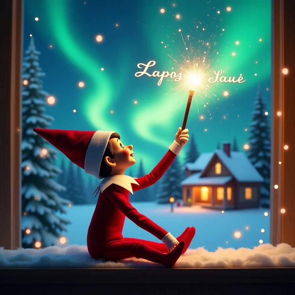 An Elf on the Shelf sits playfully, gazing skyward with wide-eyed wonder. It holds a magical, glowing wand that emits sparkling lights into the air. The backdrop features a charming Christmas scene with beautiful northern lights swirling above. In the distance stands a cozy, warmly lit house decorated for the holidays, capturing the spirit of Christmas. Snow blankets the ground, enhancing the festive winter atmosphere. As the elf uses its wand, the names 'Kha’Mya' and 'Lavi' appear in shimmering light, symbolizing holiday joy and cheer.