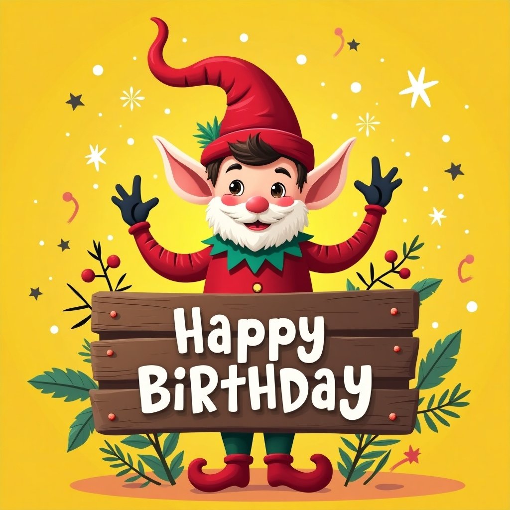 A cheerful yellow background featuring a red elf standing behind a wooden sign that says Happy Birthday. The elf has large ears and arms raised in excitement. Decorations of stars and plants surround the scene.