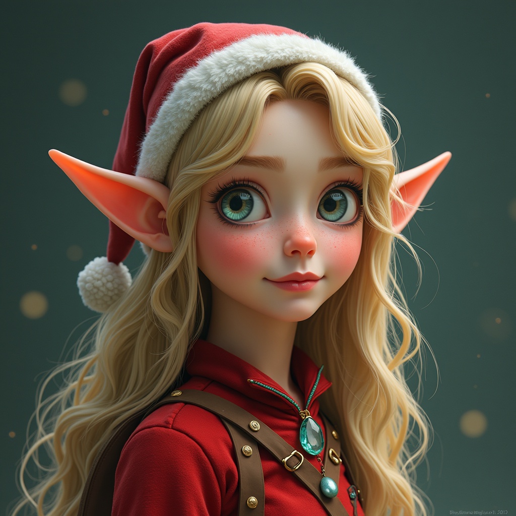 The image features a whimsical elf character wearing a festive red and white outfit, complete with a Santa hat. The elf has long, flowing blonde hair and large, expressive eyes that radiate warmth and charm. She stands against a softly lit background, emphasizing her playful and enchanting nature. The intricate details of her outfit and accessories reflect a magical holiday theme. This character embodies the spirit of Christmas, making her perfect for seasonal illustrations.