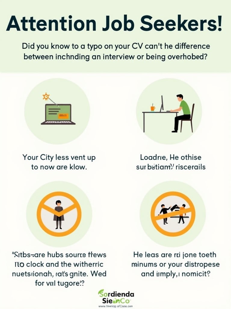 Illustrative image displays urgent advice for job seekers about the impact of typos on CVs. Features bright colors and clear text highlighting the significance of correct spelling. Engaging visuals to attract attention and inform viewers about the importance of professionally presenting job applications.