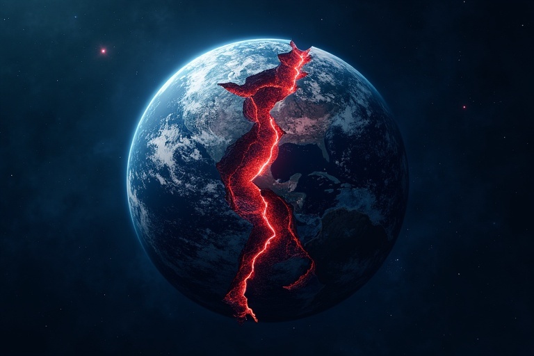 Dark blue starry background showcases a globe. Globe has multiple cracks running through it. Red fault lines are visible. Visualize the Earth's geological features.