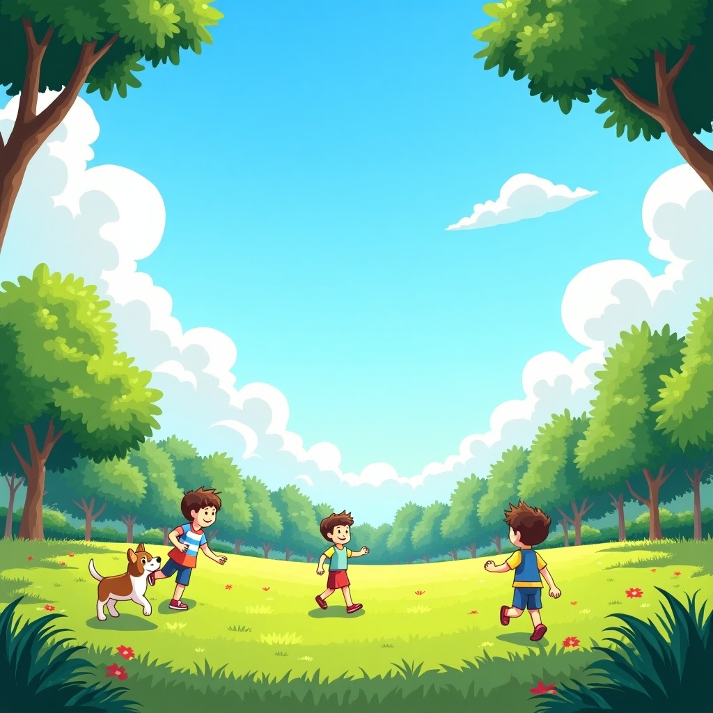 Three children are playing in a lush green park. A friendly dog runs nearby. The sky is bright blue with fluffy white clouds. Trees surround the area creating a serene environment.