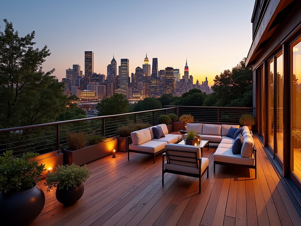 This image captures a beautifully modern terrace at dusk, overlooking a vibrant city skyline. The terrace is adorned with comfortable patio furniture and potted plants, providing a cozy atmosphere for relaxation. The warm glow of the setting sun paints the sky in hues of orange and pink, creating a stunning backdrop against the city lights starting to flicker on.