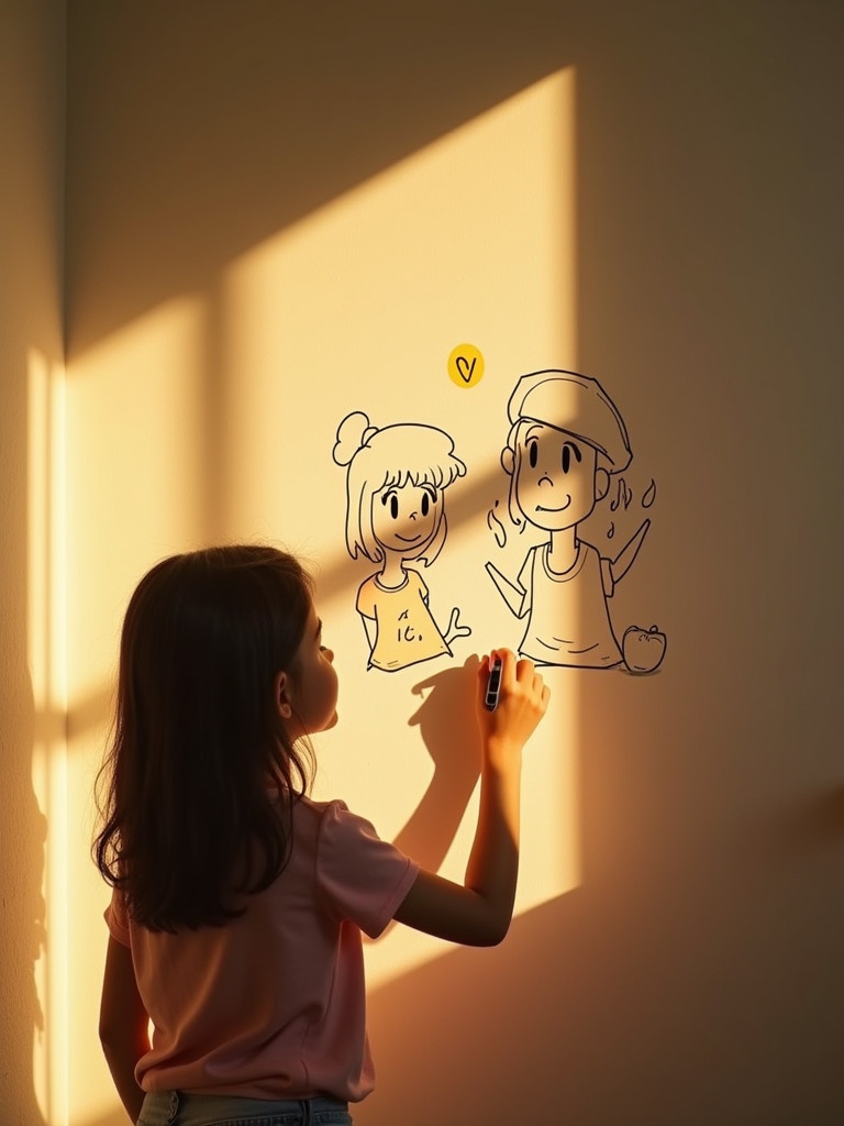 A person draws cute characters on a wall using a marker. Warm natural light shines on the scene. The characters are friendly and playful. The person is engaged in creating art.