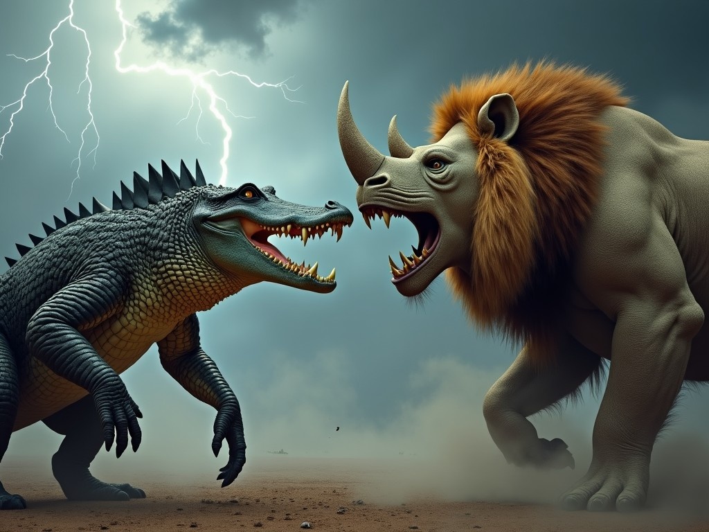 Create an intense scene featuring a crocodile and a lion positioned face to face, both exhibiting fierce expressions. The crocodile should have a majestic mane, while the lion shows its powerful presence. The atmosphere should be dramatic with a stormy background filled with dark clouds and flashes of lightning, amplifying the confrontation's intensity. Additionally, depict a second image that combines the features of a lion and a rhinoceros into a monstrous hybrid. This creature should embody a fearsome appearance, enhanced by a similarly stormy background to match its fierce expression, creating an overall terrifying vibe.