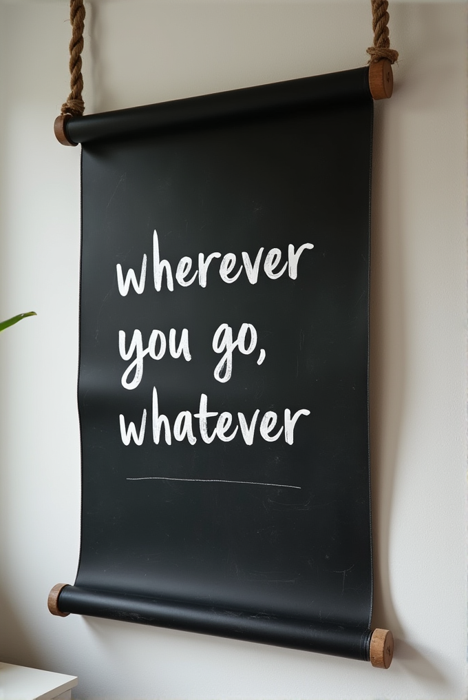 A black scroll with motivational words 'wherever you go, whatever' written in white, hangs elegantly with twisted ropes in a well-lit room.