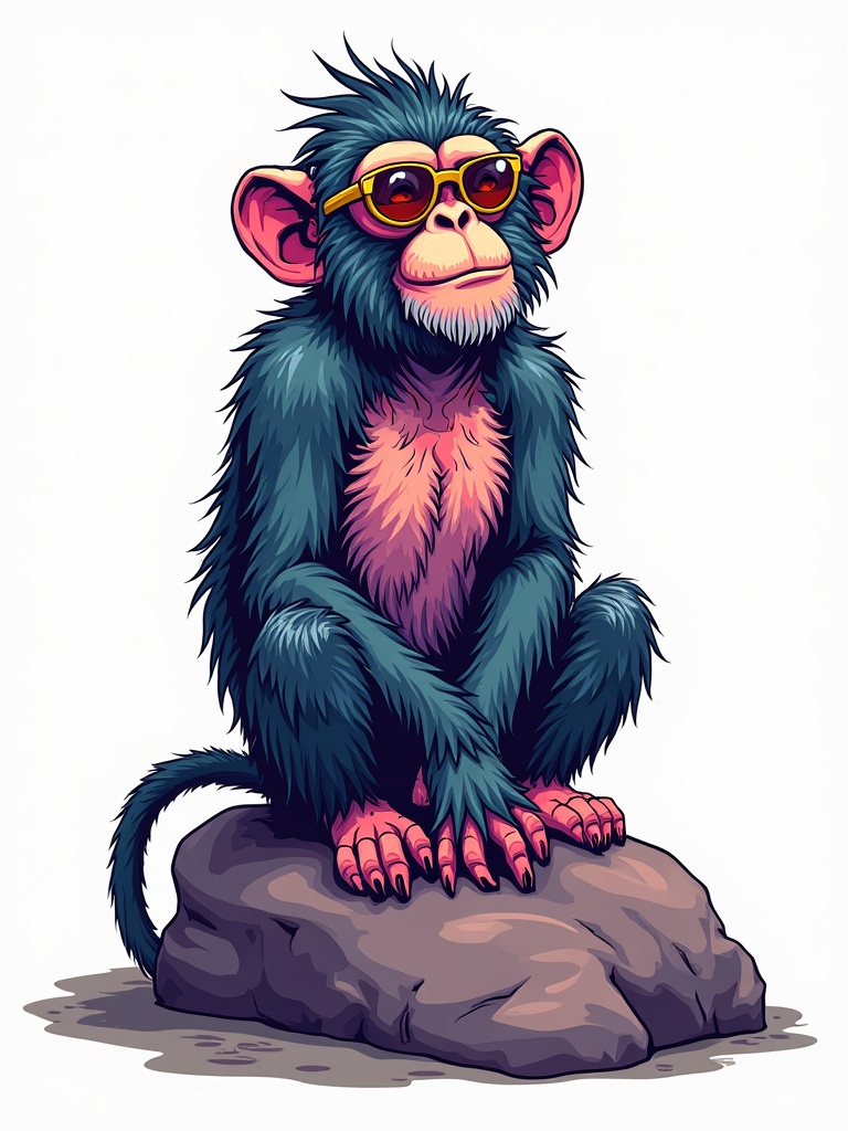 A humanoid monkey design with vibrant colors. It has a happy expression and is sitting on a rock. The illustration is hyper-detailed with surreal elements. Style suitable for t-shirt graphics on a white background.