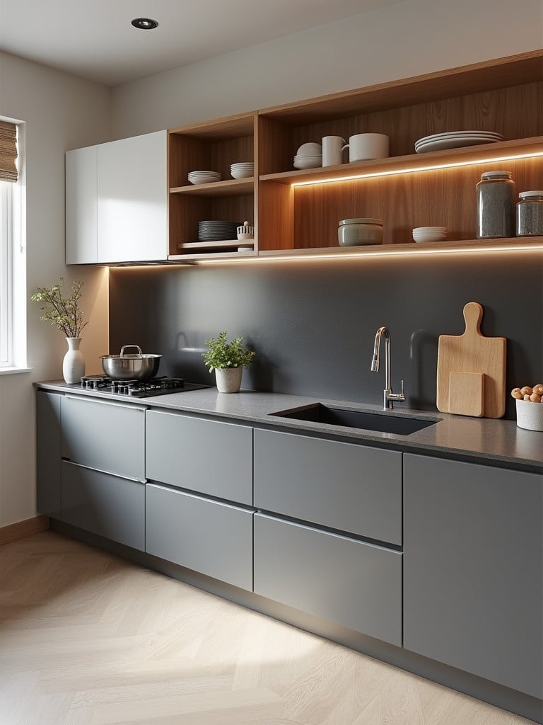 A modern kitchen featuring matte grey cabinets with wooden and white laminates. Grey quartz counter top complements sleek design. Includes open shelving with kitchenware and a contemporary sink.