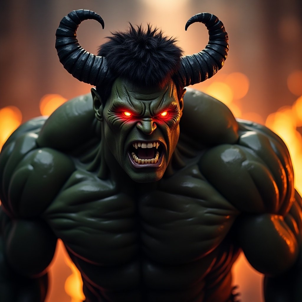 Black hulk with demonic horns and fiery eyes in dramatic lighting. Strong muscular build with intense expression. Fantasy character illustration.