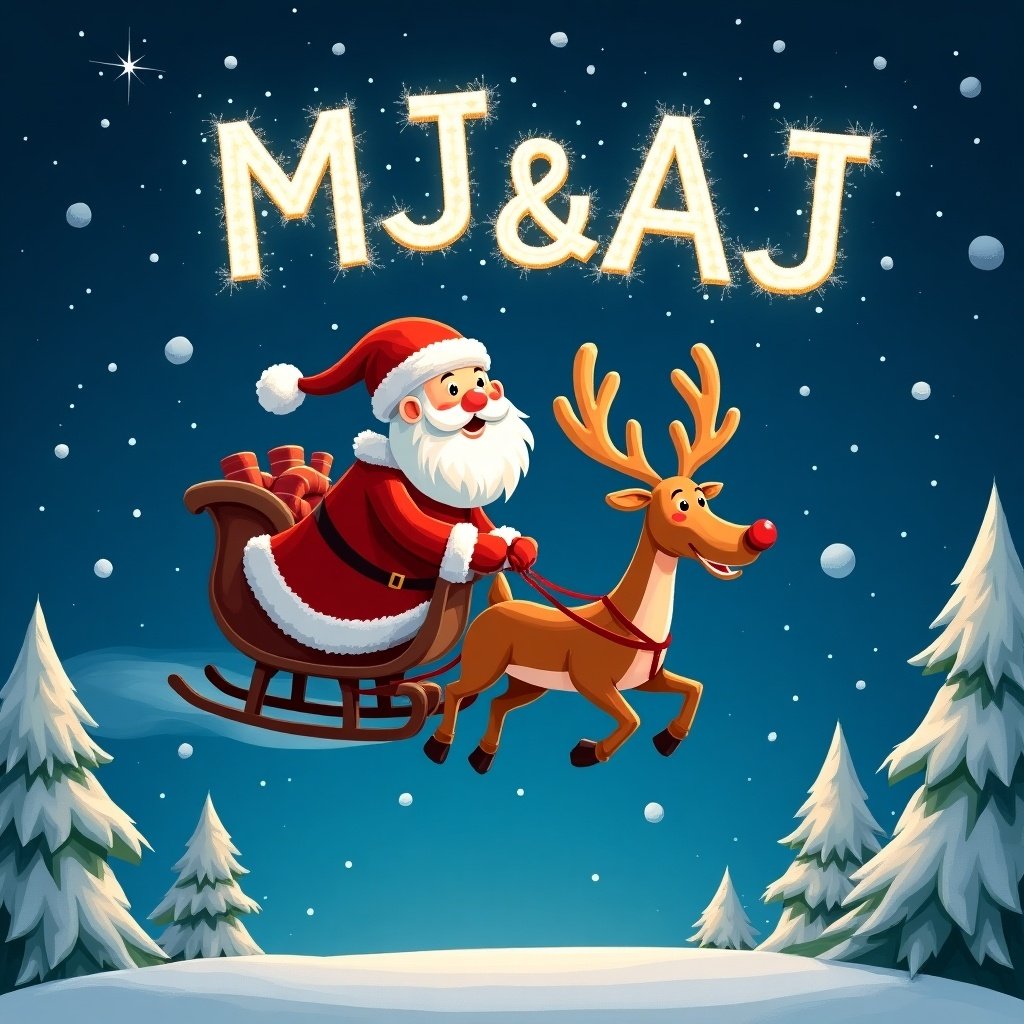 Santa Claus flies in the night sky with a reindeer. Name 'MJ&AJ' in sparkling letters above. Scene includes snow-covered trees.