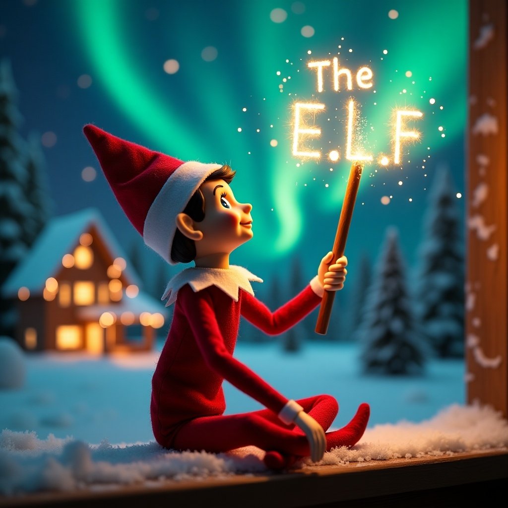 A rapper and gangster elf on the shelf sits with its back to the viewer, gazing skyward. It holds a glowing wand that emits sparkling light. He has on a big $ sign chain. The background showcases a charming Christmas scene with colorful northern lights swirling above. In the distance, a cozy house can be seen, decorated for the holidays. Snow covers the ground, adding to the winter atmosphere. The elf is in a playful position, embodying the spirit of magic and wonder associated with Christmas. The name ‘The E.L.F’ is written in the air using the wand, creating a sense of holiday cheer.