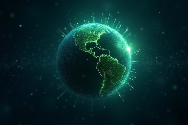 A dark blue starry background sets an atmospheric tone. A glowing globe symbolizes WAC’s decentralized solutions. Green hues represent renewal and growth. Subtle green particles surround the globe, enhancing the theme of mending broken systems.