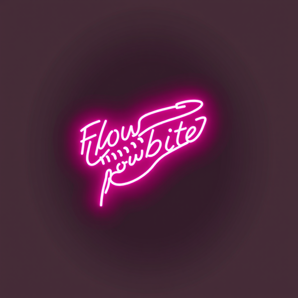 Pink neon sign with the words 'Flow' and 'pawbite' on a dark background.