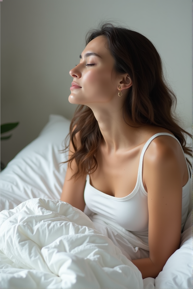 A woman sits peacefully in bed with her eyes closed, basking in morning light, wrapped in a cozy white duvet and wearing a white tank top, with gentle expression and subtle makeup.