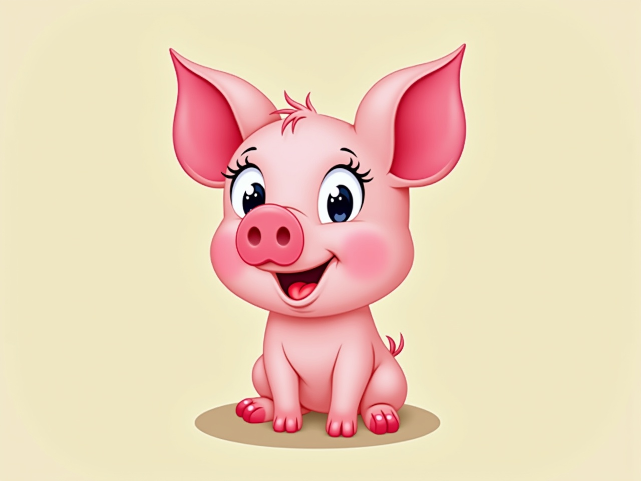 This image features a cheerful cartoon piglet with a big smile. The piglet has a pink body, large expressive eyes, and oversized ears. It sits happily, looking directly at the viewer, creating a friendly and inviting atmosphere. The background is a soft beige color, enhancing the piglet's vibrant colors. This cartoon character is designed to appeal to young audiences, making it great for children's themes.