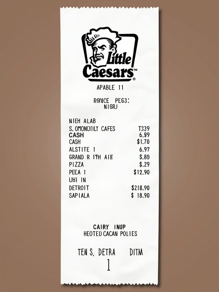 Receipt from Little Caesars restaurant. Located in Detroit. Cash payment reflected. Shows pizza order and subtotal. Dated 12/28/2024. Includes tax breakdown.