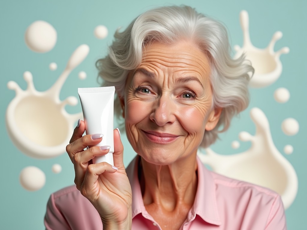 An elderly woman with a joyful expression holds a white tube, possibly a skincare product, against a soft teal background. The backdrop is adorned with creamy splashes, adding a playful and fresh element to the image. Her silver hair and soft smile convey a message of self-assuredness and natural beauty.