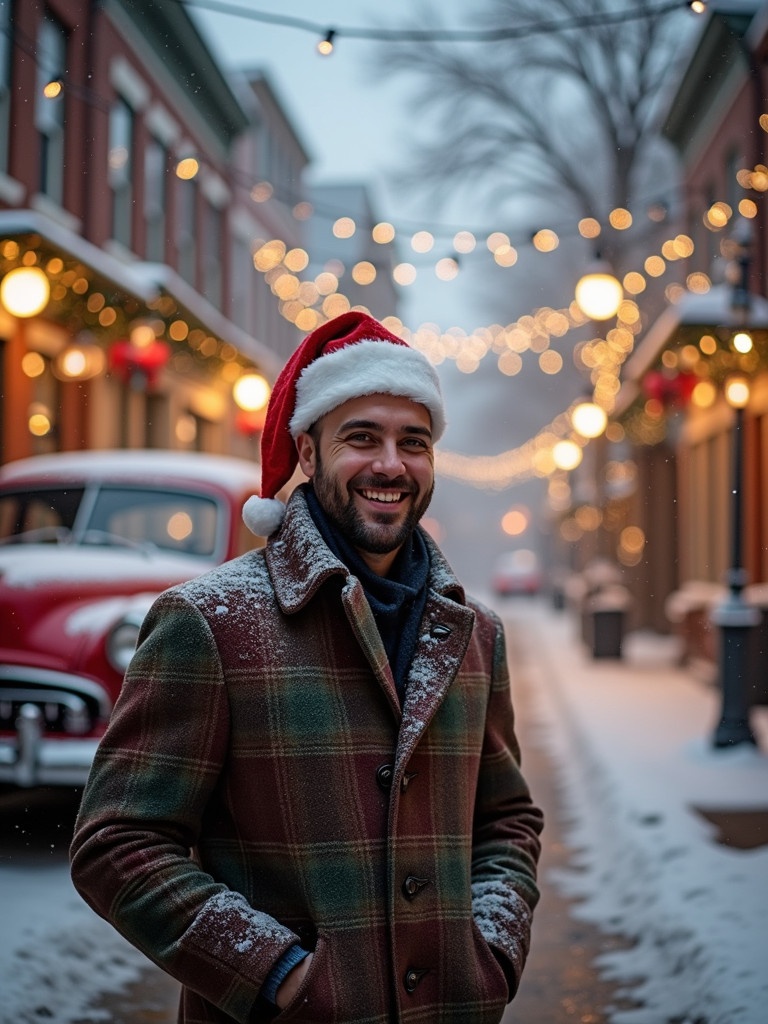 Smiling man in a snowy street. Wearing a Santa hat and plaid coat. Area adorned with twinkling holiday lights. Nearby vintage red car parked. Snow gently falls around. Creating a picturesque winter wonderland. Vibe is warm and cheerful.