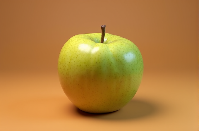 A solitary yellow-green apple with a smooth, glossy surface against a warm, gradient brown background.