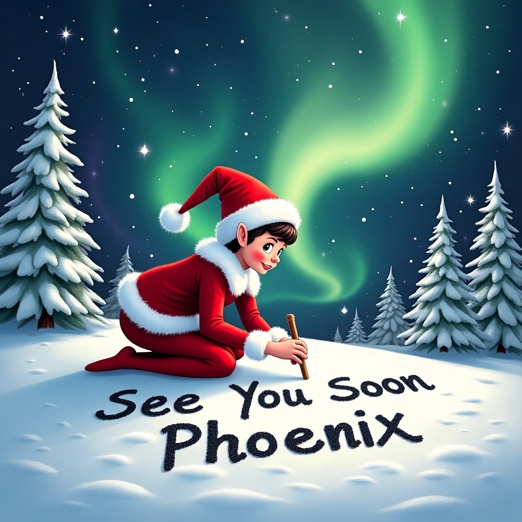 Elf on the shelf writing in snow. Words displayed are See You Soon Phoenix. Elf wears red outfit with white trim. Engaging smile is on elf's face. Northern lights create a festive atmosphere in background. Snowy landscape features holiday charm.