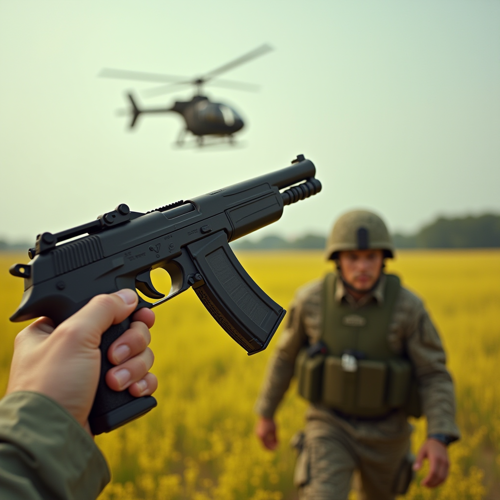 A close-up of a hand holding a gun, with a soldier and helicopter in the background.