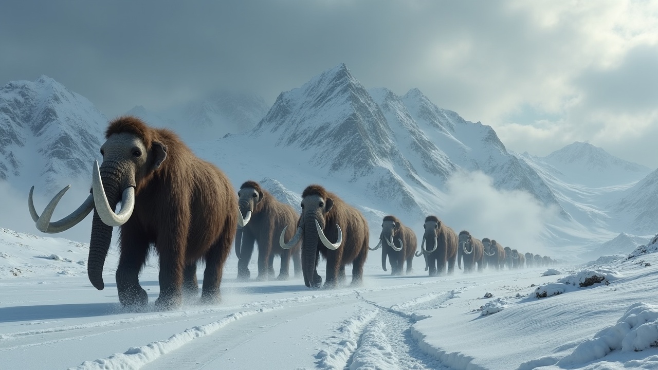 A herd of majestic woolly mammoths traverses through a snow-covered valley flanked by imposing mountain peaks. The scene evokes a sense of wonder at the ancient world, with the large mammals moving in a serene formation against a backdrop of cloud-cloaked summits. This image beautifully captures the essence of prehistoric times with a realistic portrayal of the animals and their wintry habitat.