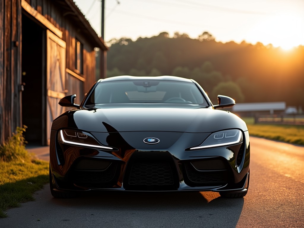 A sleek black sports car is parked beautifully in a rural setting, with the warm glow of the setting sun casting long shadows on the ground. The vehicle's polished exterior reflects the wooden barn and the vibrant landscape around it. The sunlight, filtering through the distant trees, enhances the car's curves and edges, creating a stunning ambiance of power and serenity.