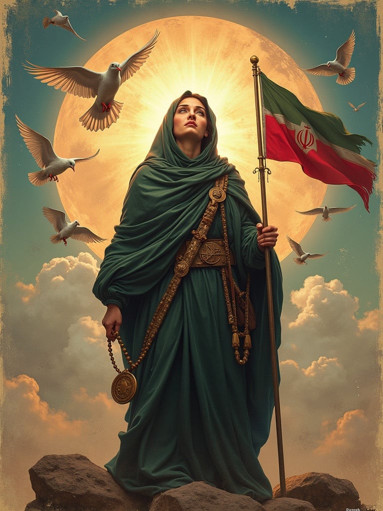 A poster features a martyr wearing a headscarf. Doves fly out with light and color. A flag of Iran is held. Includes a rosary and a seal. The artwork symbolizes a defender of the shrine.