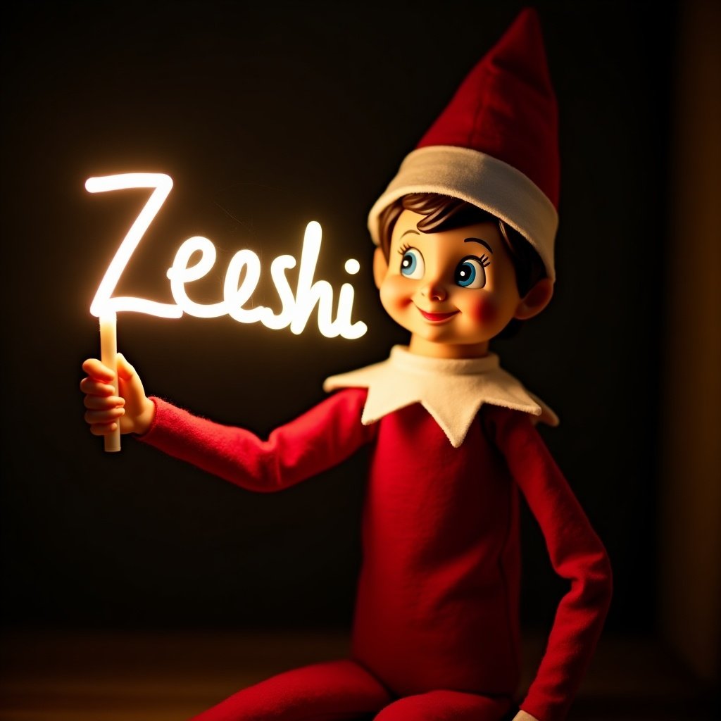 Elf on the shelf character dressed in red and white attire holds a glow stick shaping the word Zeeshi. Dark background highlights the glowing text creating a warm festive mood.