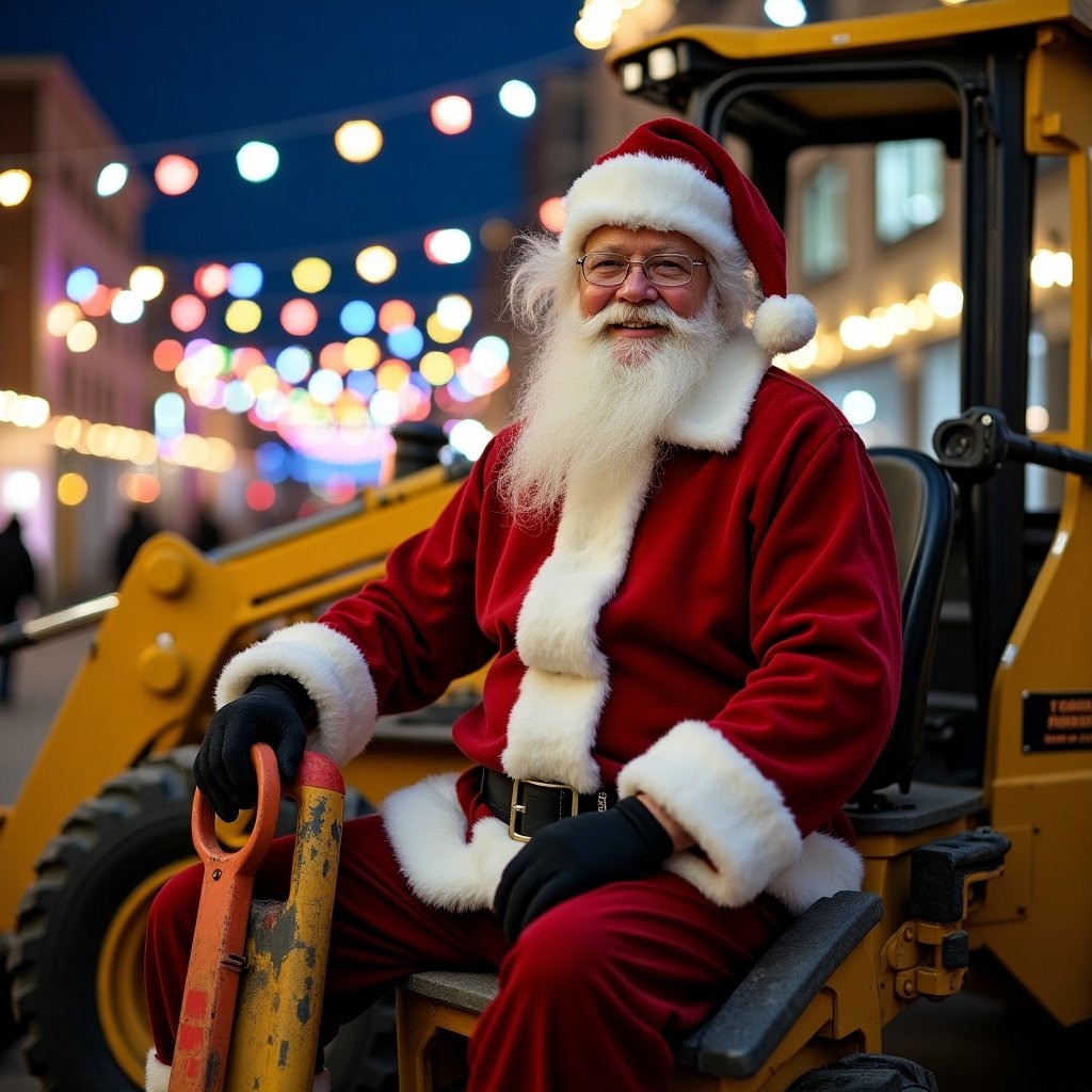 Santa Claus at construction site Happy and festive dressed in holiday attire with tools Sitting on backhoe surrounded by lights and decorations