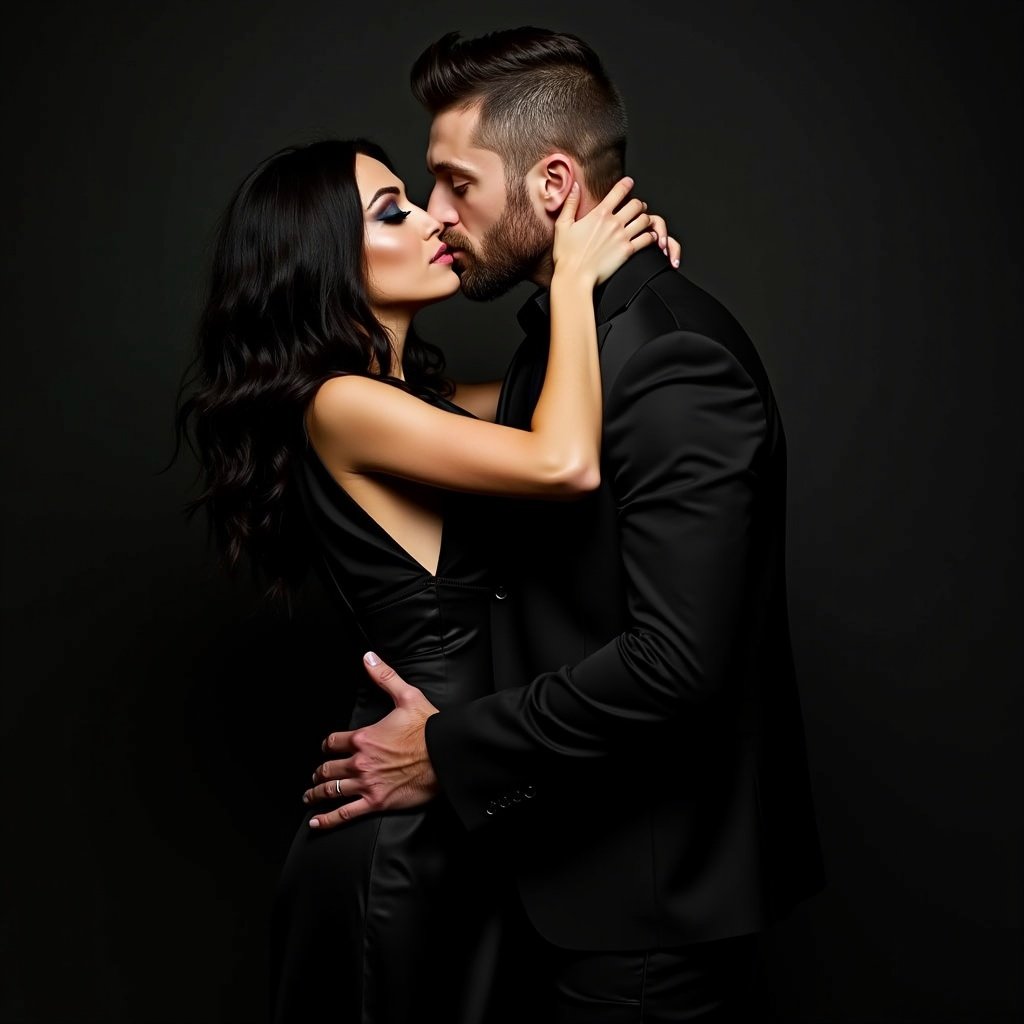 A couple embraces in an intimate gesture. The woman has long dark hair and dramatic makeup. The man has a rugged appearance and short hair. They wear elegant black attire. The setting is dark, highlighting their closeness.