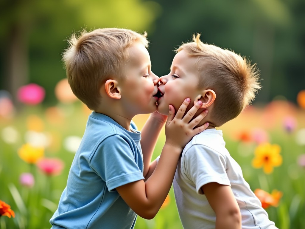 This image features two young boys showing affection towards each other by kissing. They are surrounded by a vibrant field of flowers, adding a cheerful and playful atmosphere. The boys are positioned closely, their expressions filled with joy and innocence. The lighting is soft, highlighting their features and the lovely background. The scene captures the essence of childhood friendship and love amidst nature's beauty.