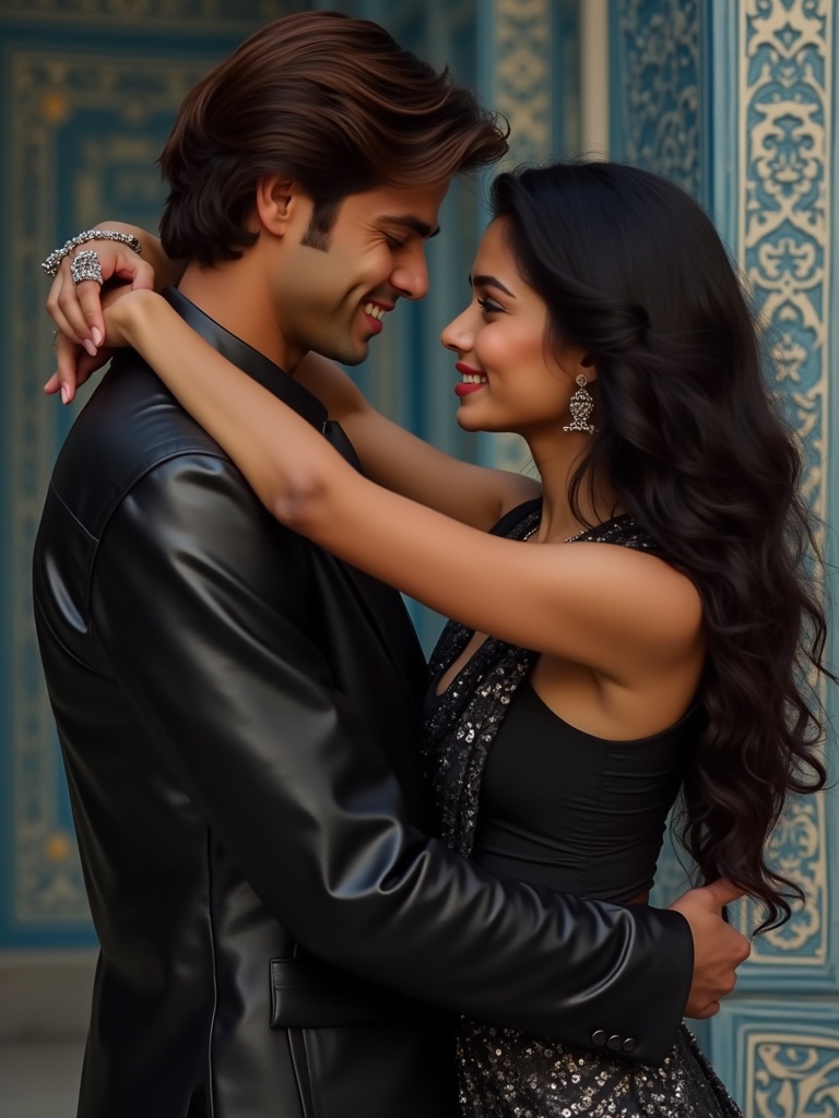 Close-up romantic embrace between a couple. The man has brown hair with a light complexion and wears a black leather jacket. The woman has dark hair with a medium complexion and wears a black outfit with sequins. They are in a passionate pose, in front of intricately designed blue-patterned walls, emitting a warm indoor atmosphere. The photo captures intimacy and affection with a rich color palette.