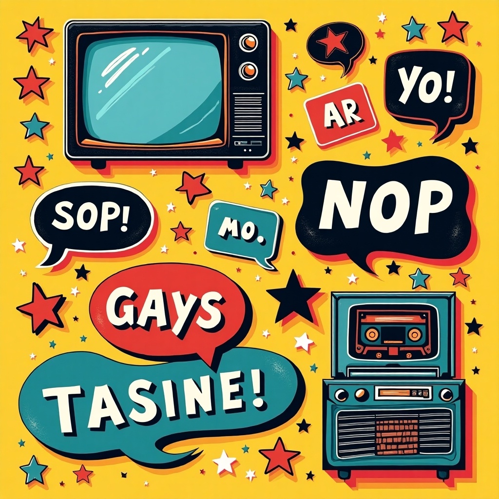 This image is a vibrant collage in a retro pop art style. It features various speech bubbles and vintage icons like a TV, cassette tape, and radio. The typography is playful with bold letters in colorful word bubbles. Decorative stars and icons add visual interest to the composition. The overall feel is nostalgic and lively, capturing a sense of fun and creativity.