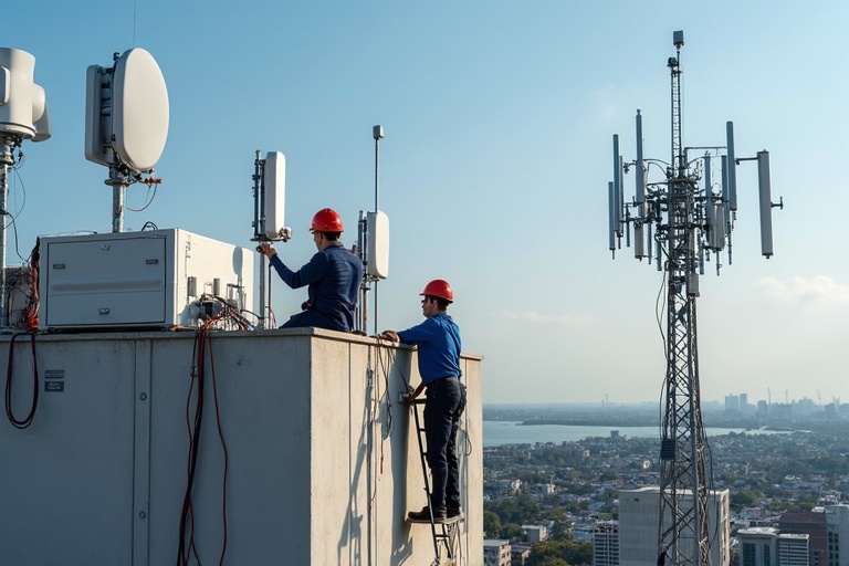 Installation of wireless services on a rooftop. Two workers in hard hats are installing equipment. The skyline and city landscape are visible in the background.