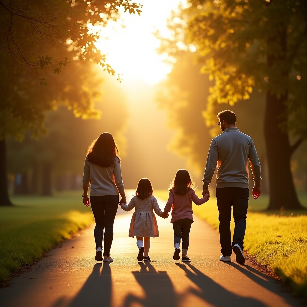 A family walks together outdoors during golden hour. Parents and children stroll hand-in-hand on a tree-lined path. Sunlight enhances warmth and togetherness. Scene reflects family bonding in nature.