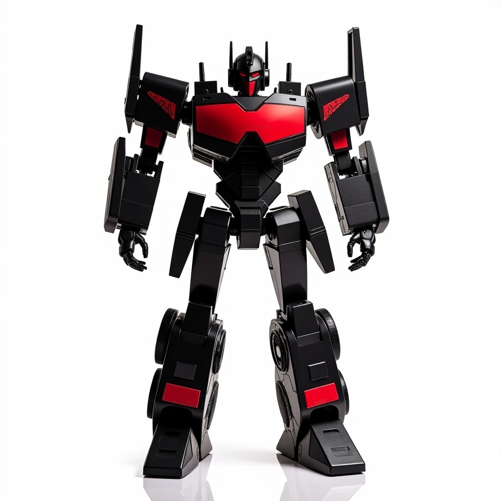 This image showcases a custom transformer robot that stands tall and imposing. The robot is uniquely crafted from theatre equipment, which adds a creative twist to its design. It features a bold color scheme of black and red, giving it an eye-catching appearance. The background is completely transparent, allowing for easier integration into various designs. This robotic figure embodies the spirit of innovation and creativity, suitable for entertainment and merchandise.